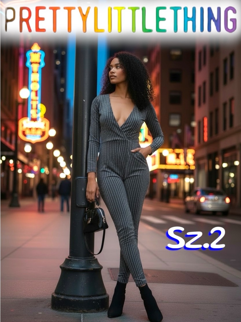 🖤 NWOT PrettyLittleThing Pinstripe Deep V-Neck Jumpsuit SZ. 2🖤
